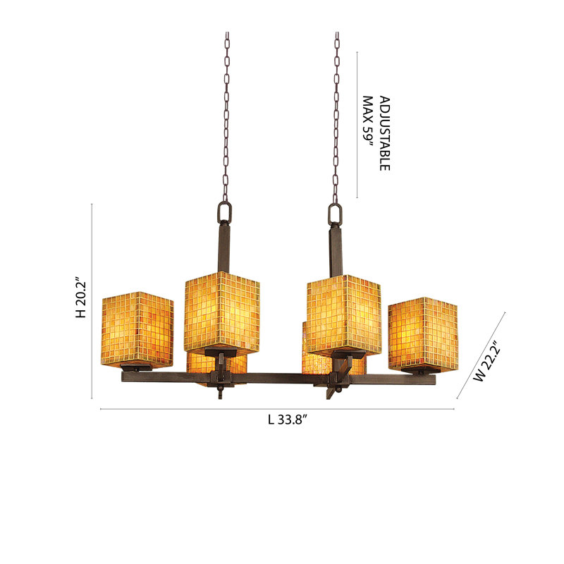 Lustre en bronze 6 lumières avec abat-jour en verre ambré