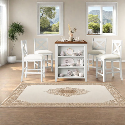 Space-saving Rustic White Dining Table Sets With Storage, Solid Wood