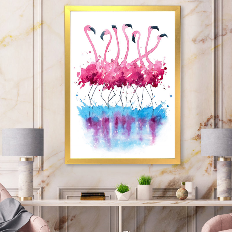 Flamants roses sur l'eau bleue - Peinture sur toile, H 20 po x l 12 po x P 1 po, Cadre doré à coins fermés