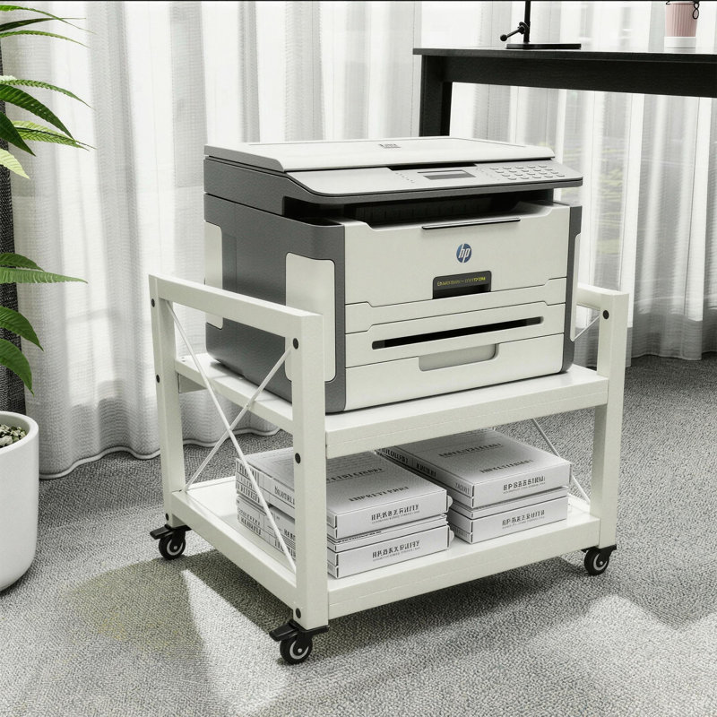 Support d'imprimante de bureau à 2 niveaux en bois d'ingénierie industrielle - Durable, compact, plates-formes réglables, roulettes, assemblage requis. Support de photocopieur sous bureau spécialisé.