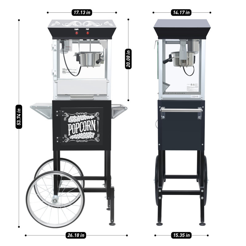 Machine à maïs soufflé avec chariot mobile et bouilloire en acier inoxydable 8 oz