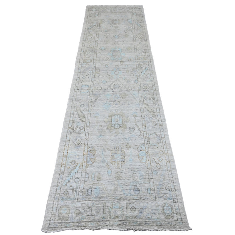 Tapis de couloir oriental oriental gris 2 pi 6 po x 9 pi 7 po Oushak angora afghan avec motif sur toute la surface, noué à la main, teintures naturelles, 100% laine