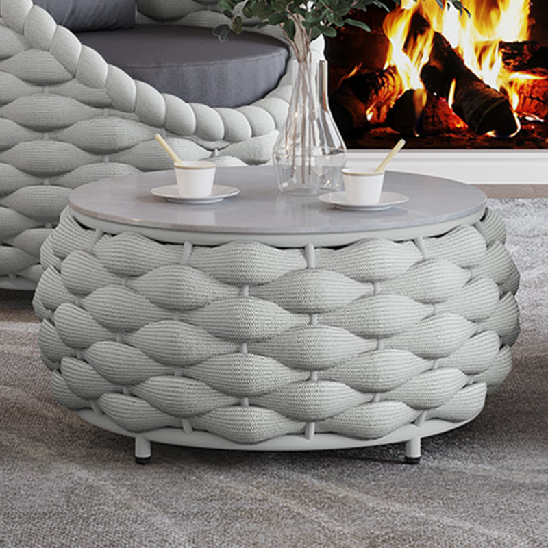 Fully Assembled Altuminum Frame Polyester Rope Round 14.2'' Outdoor Coffee Table, Light Gray