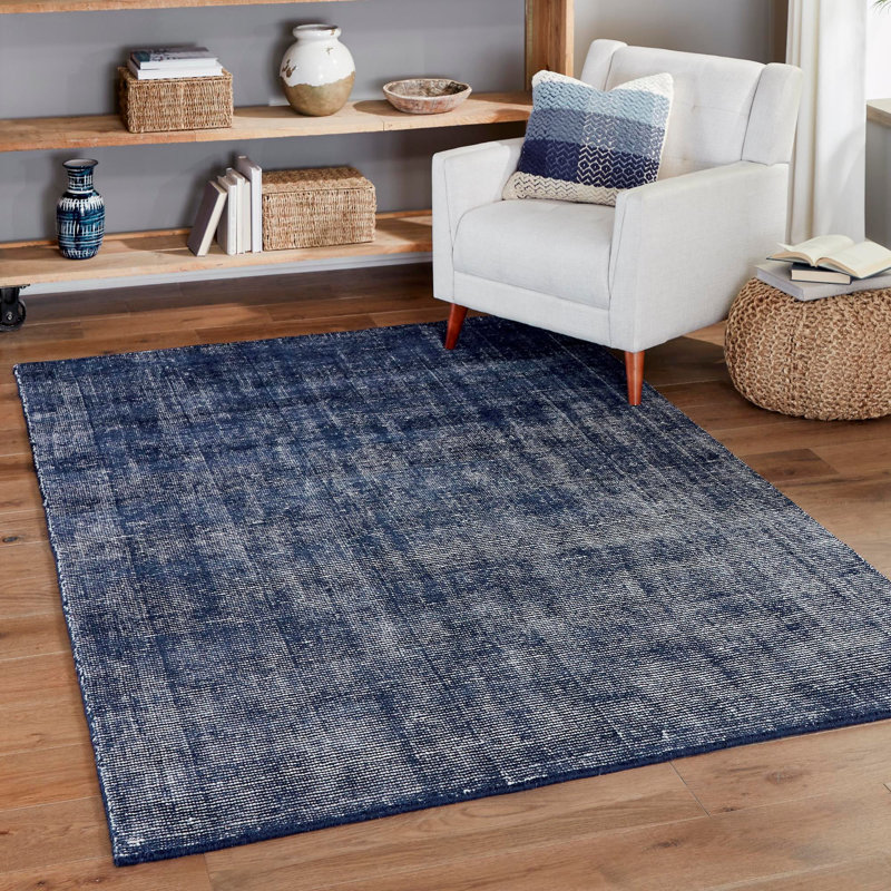 Tapis uni / rayé couleur bleu-ivoire Liabah, Rectangle 7 pi 10 po x 10 pi