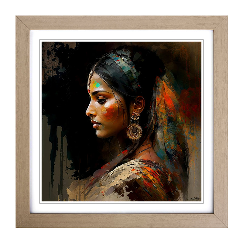 Indian Woman Abstract Art No.1 - Single Picture Frame Print on Wood, Oak