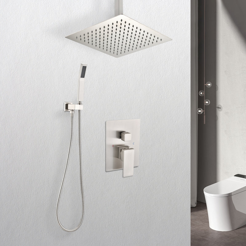 Brushed Nickel Ceiling Mounted Shower Kit . 10" Head & Handheld. Natural Rainfall Experience. Self-Cleaning Nozzle. Bathroom Wall Mount. Brass Mount Feeling. .