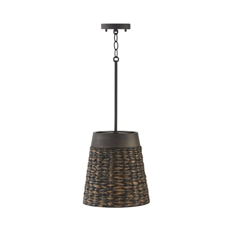 12" W X 12" H 1-Light Small Pendant In White Chalk Wash Made With Handcrafted Mango Wood And Water Hyacinth, Charcoal Wash