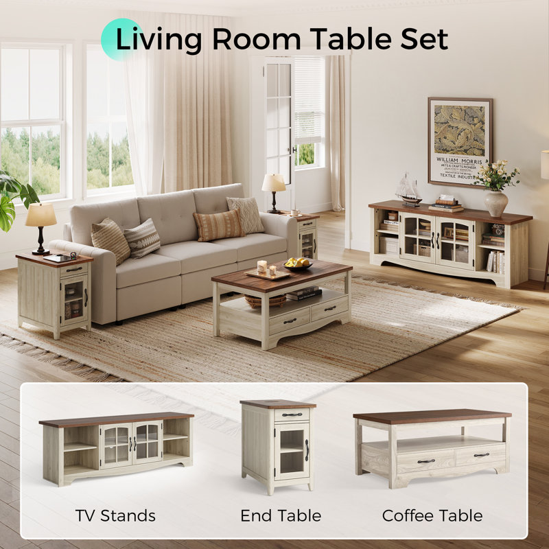 4-Piece Living Room Table Sets, Brown/White