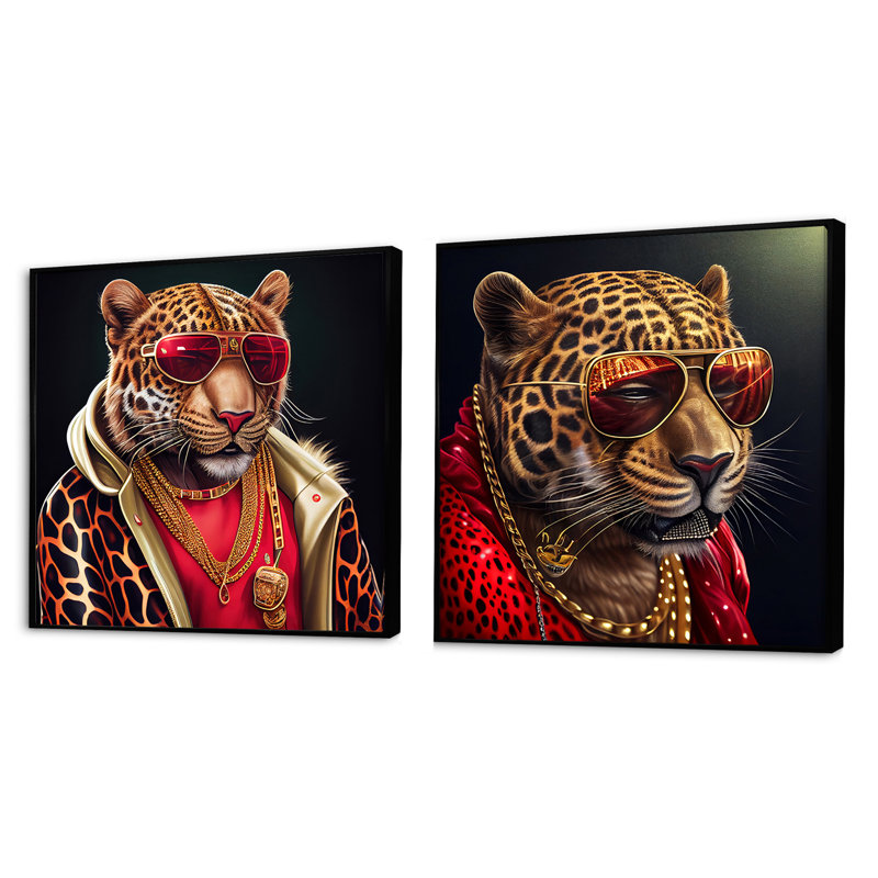 Fashion Tiger - Ensemble de 2 animaux carrés, Cadre flottant noir, H 16 po x l 33 po
