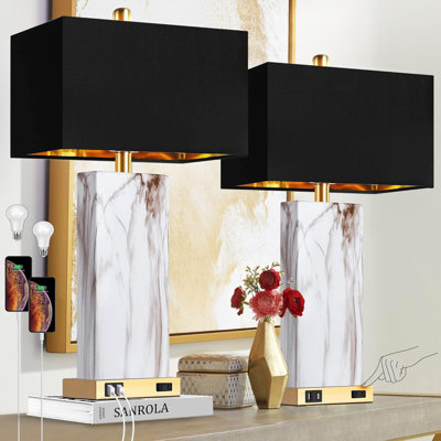 Modern Contemporary Touch Control Table Lamps Set, 2 USB Ports, 1 AC Outlet, 3-Way Dimmable