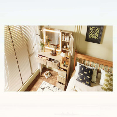 45.9'' Makeup Vanity Desk with Mirror, Lights, 5 Drawers, Fluted Glass Cabinet, and Charging Station, Natural Finish