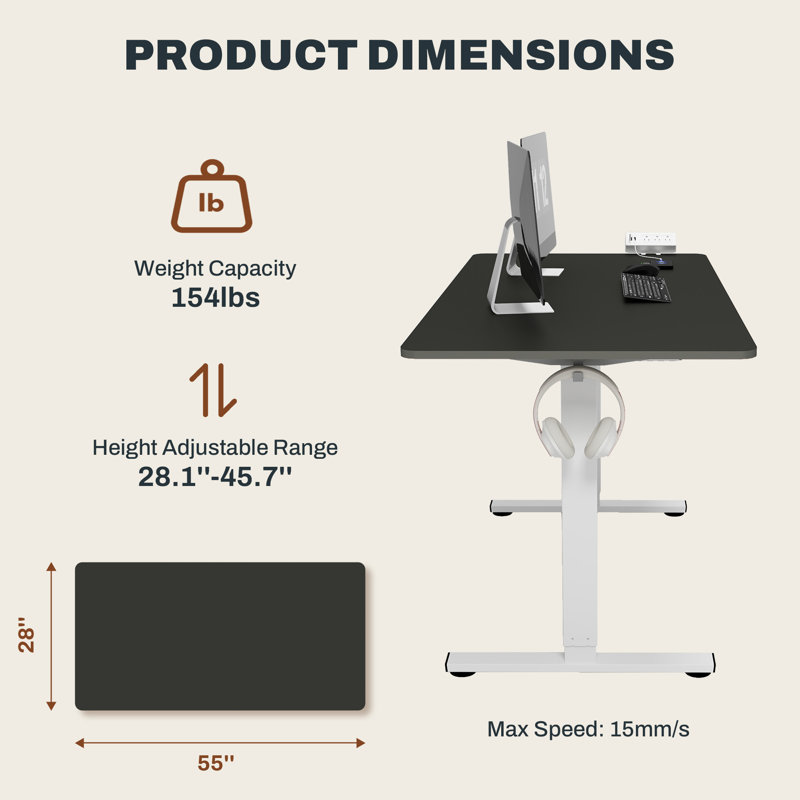 Bureau debout ajustable, bureau entier, Noir / blanc, L 55 po x P 28 po