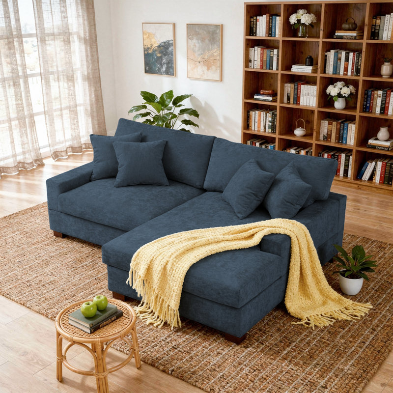 2 - Piece Upholstered Blue Chenille Modular Sectional Sofa with Armrests & Throw Pillows, Right Hand Facing, Blue Chenille