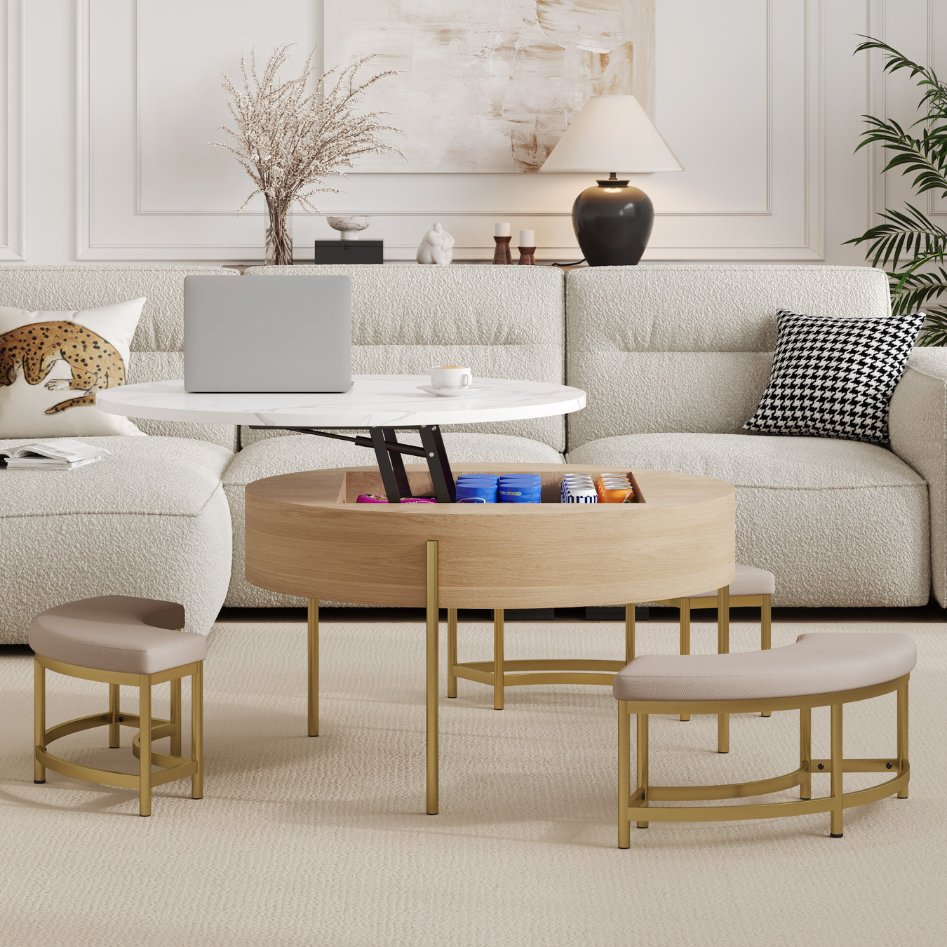 Table Basse Relevable Ronde Mercer41 Table basse ronde à plateau relevable avec rangement et 3 ...