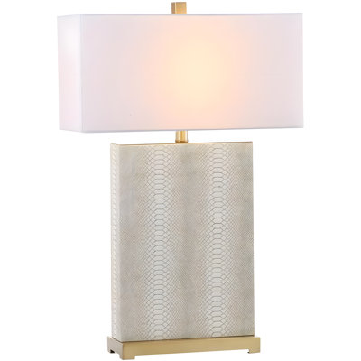 Modern Art Deco Cream Faux Snakeskin Rectangular Shade Table Lamps Set Of 2 With Led Bulbs