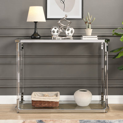 Modern Chrome And Acrylic Console Table With Glass Top And Storage Space