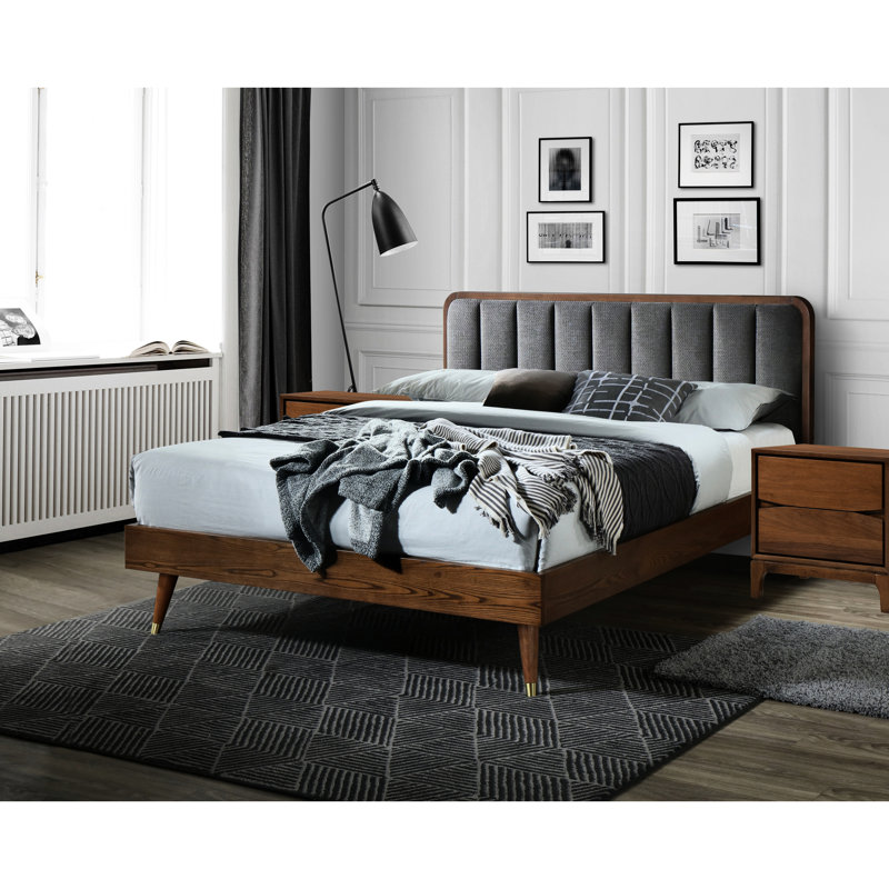 Mid - Century Inspired Queen Size Bed Frame, Solid Wood And , Gold Tone Legs, Slat Support For Comfort Bed: Linen Upholstered,