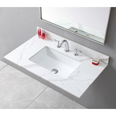 37" Gold Sintered Stone Bathroom Vanity Top, Ceramic Undermount Rectangular Sink, 3 Faucet Holes, With Backsplash Included 37Inch Holes And