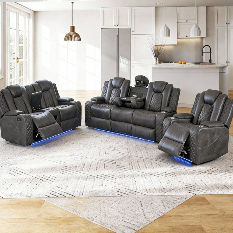 Ensemble de salon inclinable électrique 3 pièces avec console, table rabattable, éclairage DEL et recharge sans fil, Gris