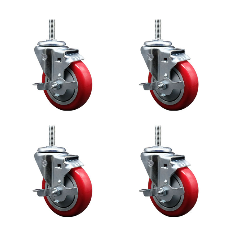 Polyurethane Swivel 3/8 Inch Threaded Stem Caster Set with Brake