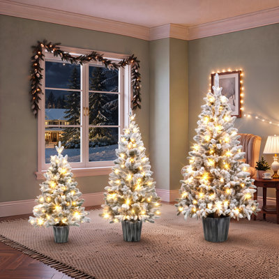 Ensemble d'arbre de Noël 3 pièces floqué, arbre artificiel en pot 3 pi 4 pi 5 pi avec 3 lumières DEL blanc chaud pour la décoration intérieure du foyer des Fêtes