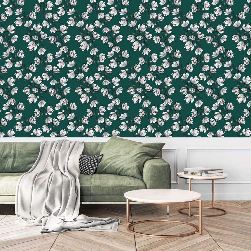 Papier peint vert foncé avec des fleurs blanches, Noir / Vert