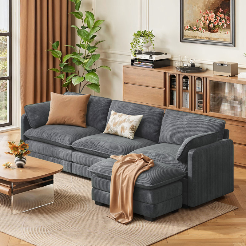 3-Seat Corduroy Sofa Sleeper, Sectional Sofa Comfy Cloud Couch with Movable Ottoman & Arm Pillows for Living Room, Gray
