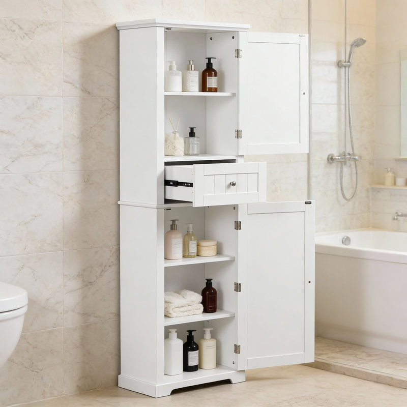 Grande armoire de rangement autoportante pour salle de bain avec tablettes réglables et tablettes de porte, Blanc