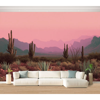 Wall Mural Peel and Stick Wallpaper Desert Landscape Cactus Plants Under Pink Sunset Sky Self-Adhesive Removable Contact Paper Wall Decor for Living Room Bedroom 100"H x 144"W