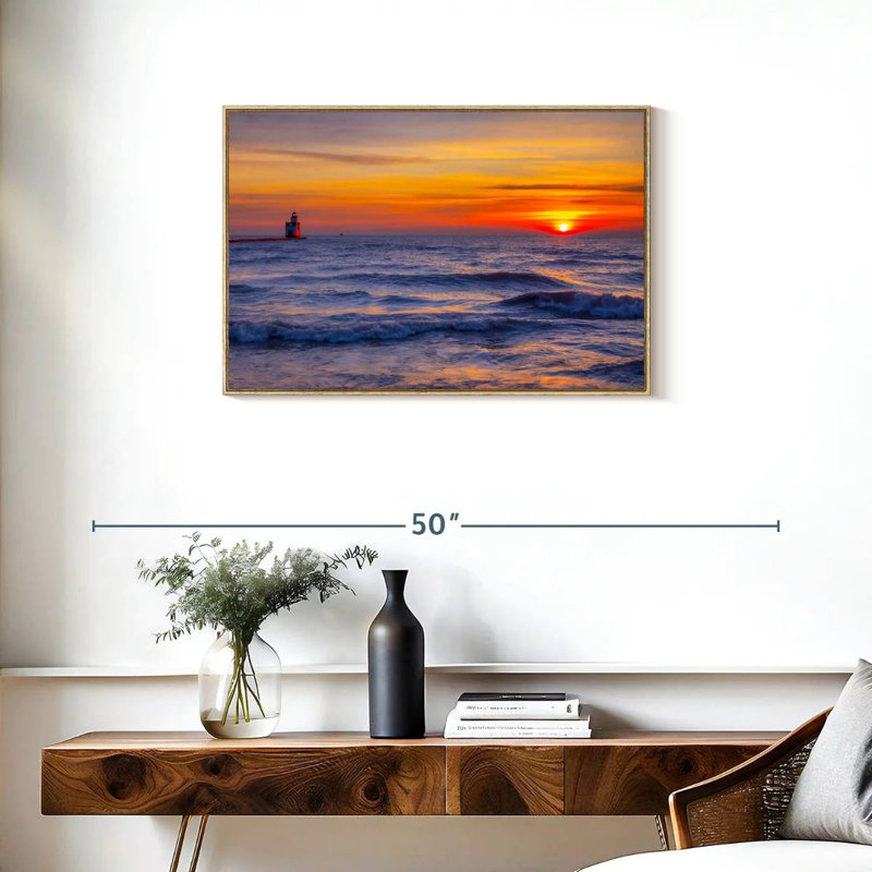 Phare sur le lac Michigan, Cadre flottant en bois naturel, 31 po x 21 po
