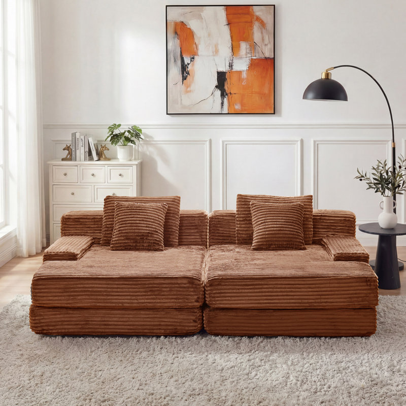 Oversized Modular Flannel Double Chaise Lounge Chair with 4 Pillows, Pure Foam Filled, No Assembly Required, Brown, Brown