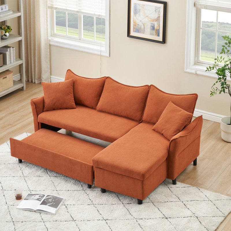80 pouces orange avec rangement et élasticité optimale - siège confortable avec lit convertible en velours côtelé de grande capacité de 80 po, élasticité modérée et confort pour 3 utilisateurs