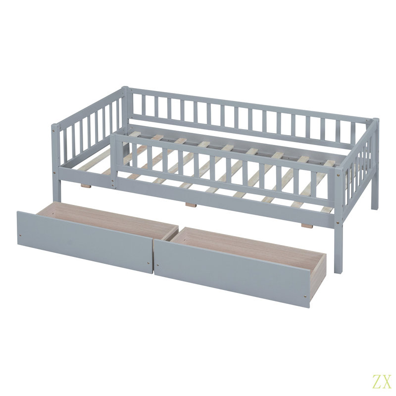 Lit de jour simple en bois avec deux tiroirs, Gris