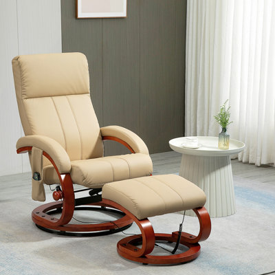 Fauteuil inclinable avec repose-pieds, fauteuil inclinable électrique en similicuir avec 10 points de vibration et 5 modes de massage, fauteuil inclinable avec télécommande, base pivotante en bois et poche latérale