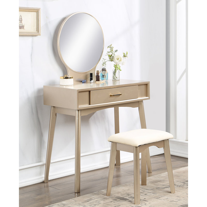 Meuble-lavabo en bois doré avec siège - Design élégant pour le salon avec tabouret et miroir