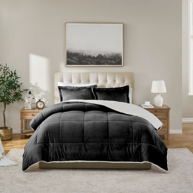Ensemble d'édredon réversible en micro-vison et sherpa 3 pièces Swift Home, Noir, Édredon grand + 2 taies décoratives
