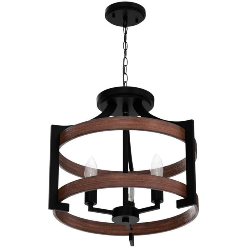 3-Light Rustic Farmhouse Pendant Hanging Light Adjustable Height Max 68In, Convertible Vintage Semi Flush Mount Ceiling Light Fixture Black Metal Chandelier Wood Finish For Kitchen Dining Room