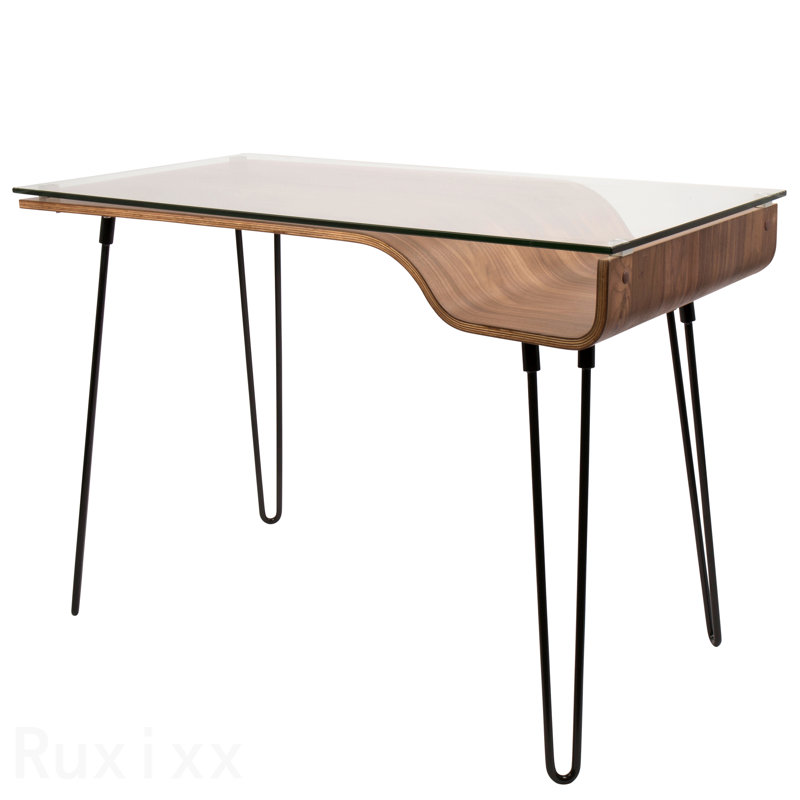 Bureau Mid-Century moderne, bois de noyer, verre transparent et métal noir