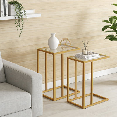 Modern C-Shaped End Table With Tempered Glass Top, Space-Saving Side Table For Sofa, Bedside Or Office, Sturdy Metal Frame, Easy Assembly, Set Of 2