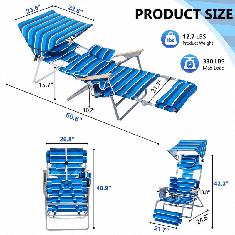 Chaise de plage pliante avec sac à dos avec parasol réglable, dossier et repose-pieds, fauteuil de bronzage inclinable pour la plage
