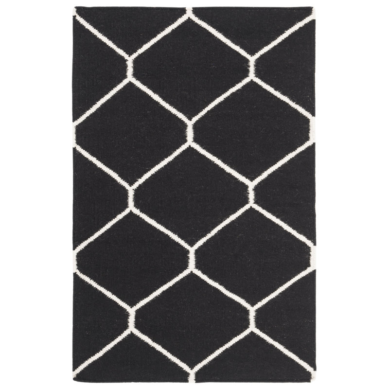 Rodgers Hand Woven Flat Weave Wool/Cotton Geometric Rug in Gray/Black, Rectangle 2'6" x 4'