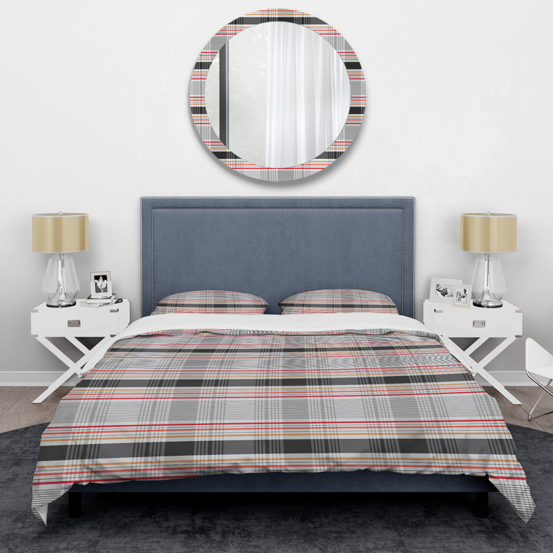 Silver Checked Tartan Polyester Striped Duvet Cover, Full/Queen Duvet Cover + 2 Standard Shams