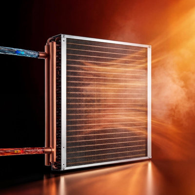 Water to Air Heat Exchanger, 14 x 14 in Finned Tube HVAC Heat Exchanger Coil with Copper Tubes & Aluminum Fins, 65K BTU Output for Outdoor Wood Furnace, Hydronic Heating & Cooling Systems
