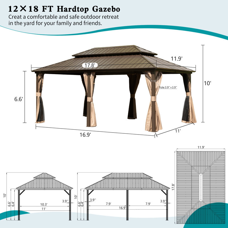 18 Ft. W x 12 Ft. W Galvanized Steel Patio Gazebo with Overhang Slope-design Double Roof