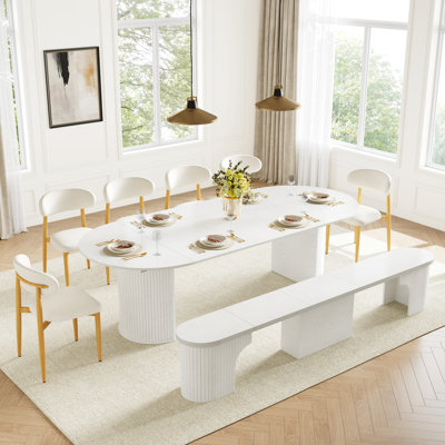 Oval Extendable Dining Table Set (Seats 4–10) – Modern Farmhouse Kitchen Table With Durable MDF, Includes 2 Benchs , Suitable For Kitchen, Dining Room, Home, And Office