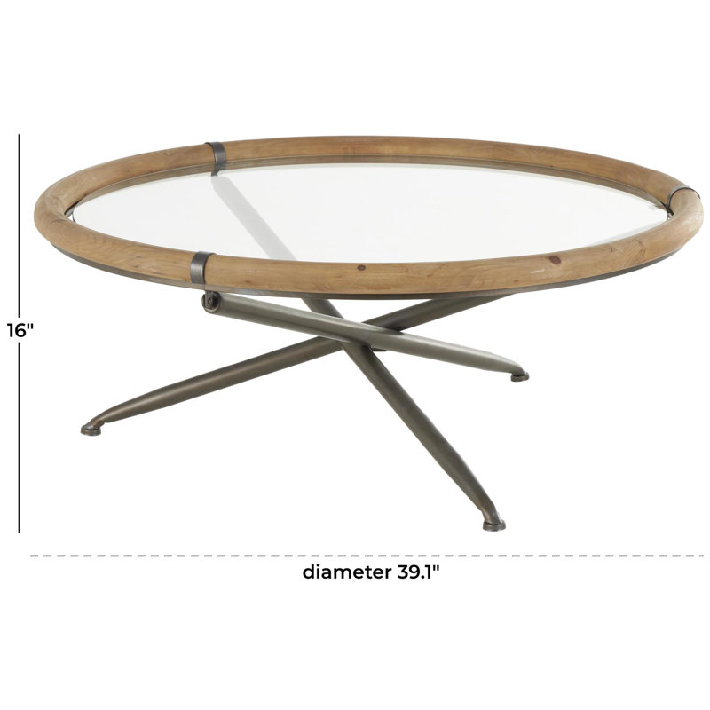 Cole And Grey Round Coffee Table With Brown Wooden Framed Glass Tabletop