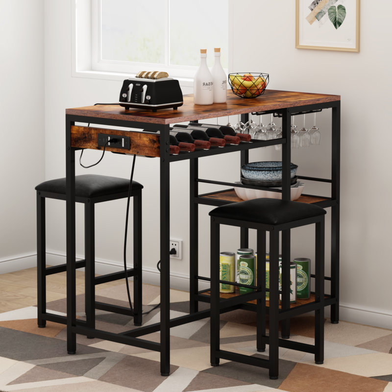 Bar Table and Chairs Set with Power Outlet, Pub Table and Chairs Set for 2 with 2 Storage Shelves, Brown