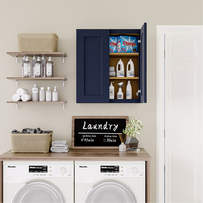 Armoire murale en bois massif bleu marine Shaker 30 po, charnières à fermeture douce, tablettes réglables, porte double pour la cuisine, la salle de bain, la lessive, l 30 po x P 12 po x P 36 po