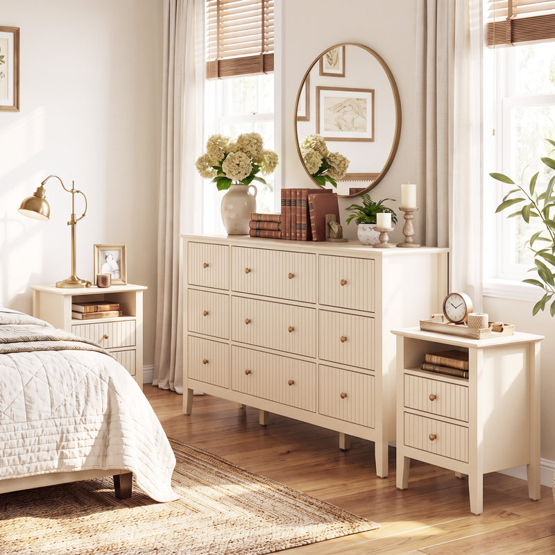 Ensemble de chambre à coucher 3 pièces avec commode 9 tiroirs et deux tables de chevet 2 tiroirs Amberrae, beige, Beige