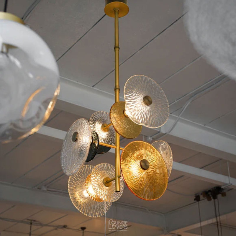 Andromeda Murano Chandelier, Clear/Frosted, Glossy Gold, 36” Width x 12” Depth x 14” Height